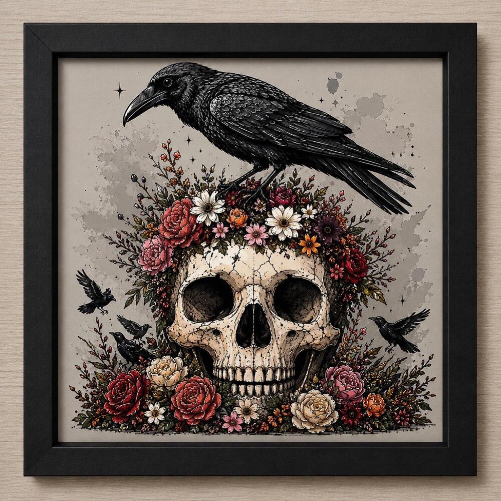 8x8 Black Framed Raven & Floral Skull Art Print – Gothic Crow Wall Decor